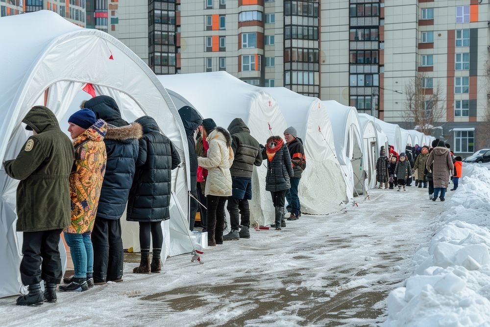 Refugee people lined up in front of medical tents building hat transportation.