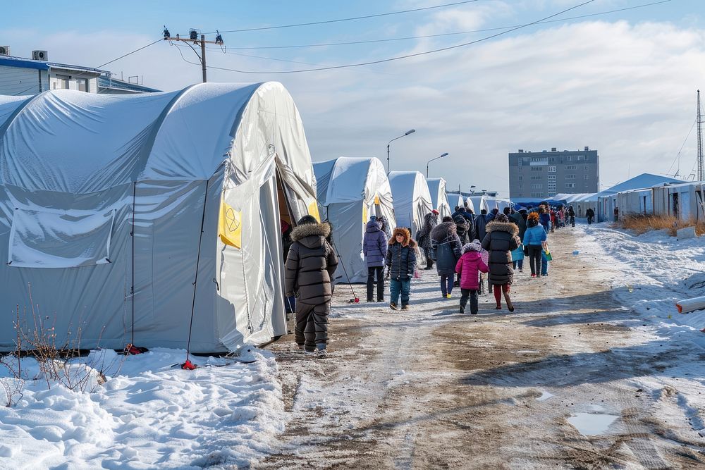 Refugee people lined up in front of medical tents building hat architecture.