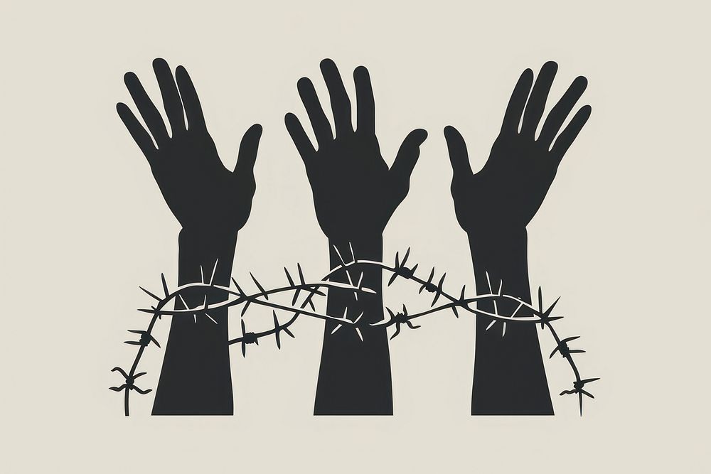 Hands have barbed wire clothing apparel person.