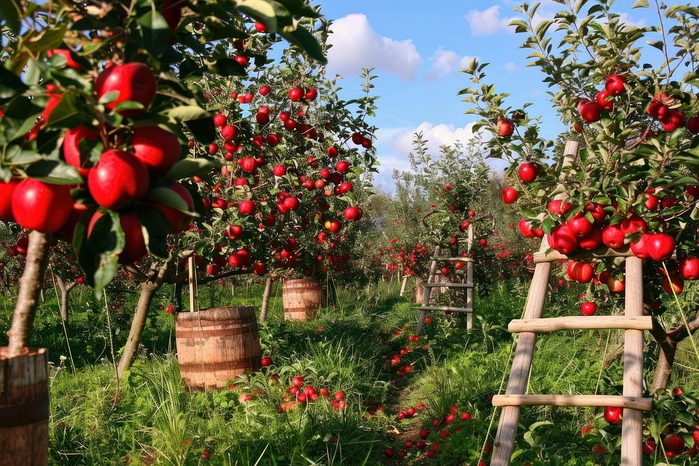 Apple trees with apples countryside agriculture outdoors.