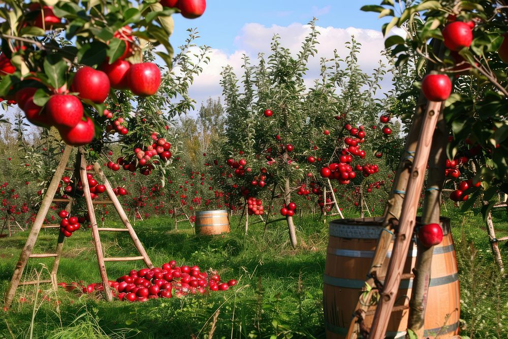 Apple trees with apples agriculture countryside outdoors.