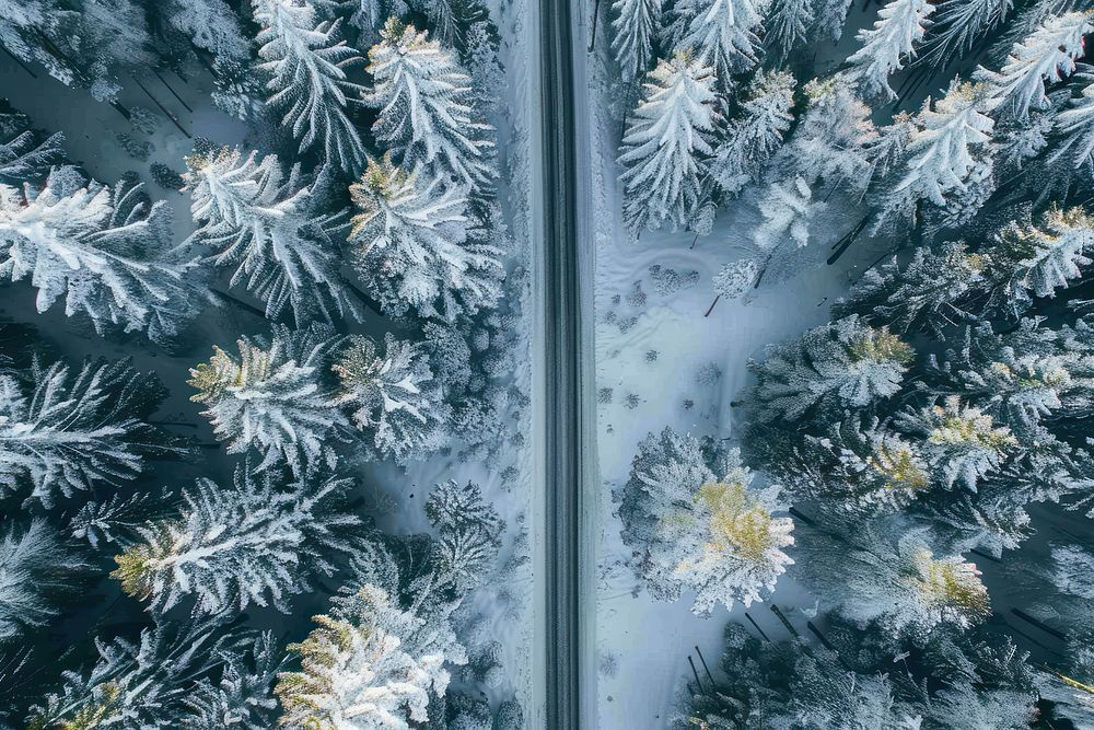 The winter pine forest road aerial view vegetation.
