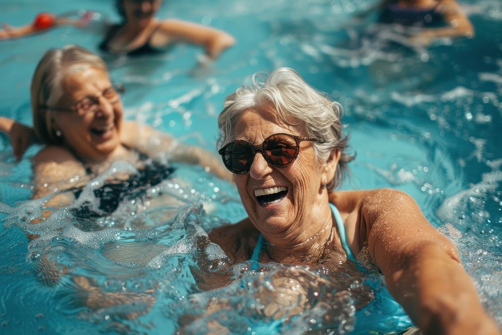 Elderly women laughing and swimming people happy accessories.