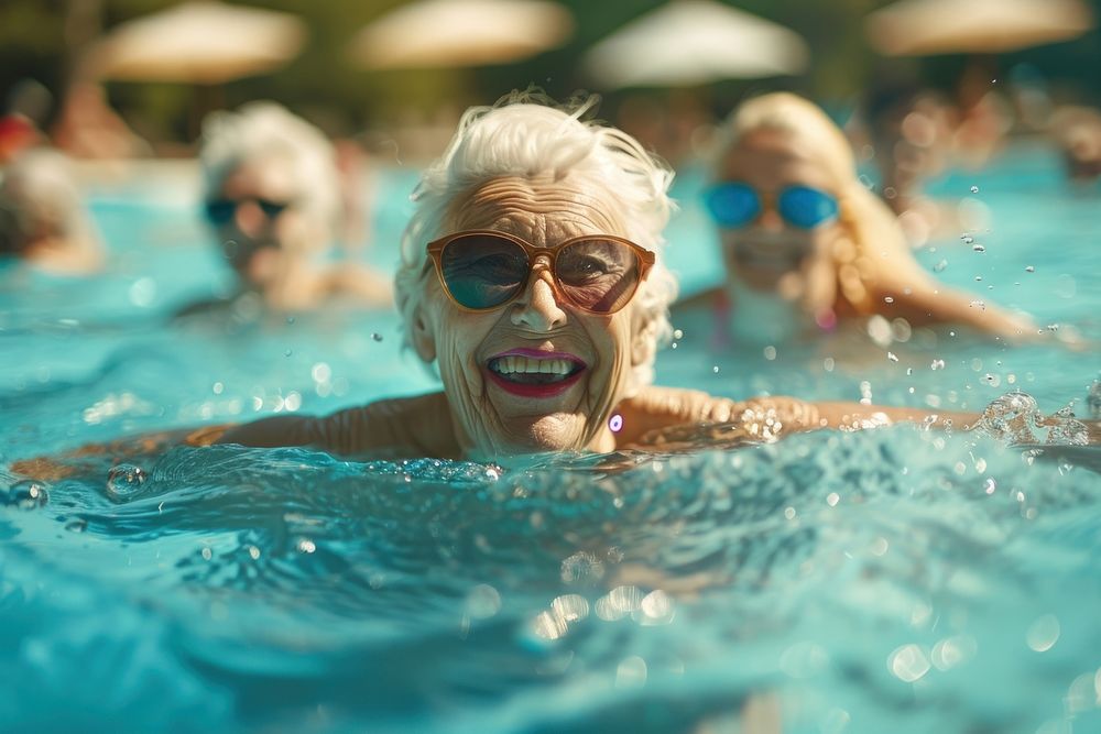 Elderly women laughing and swimming happy pool accessories.