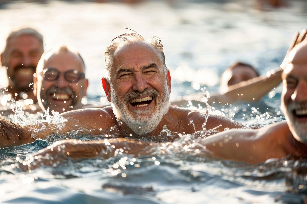 Elderly men laughing and swimming people happy accessories.