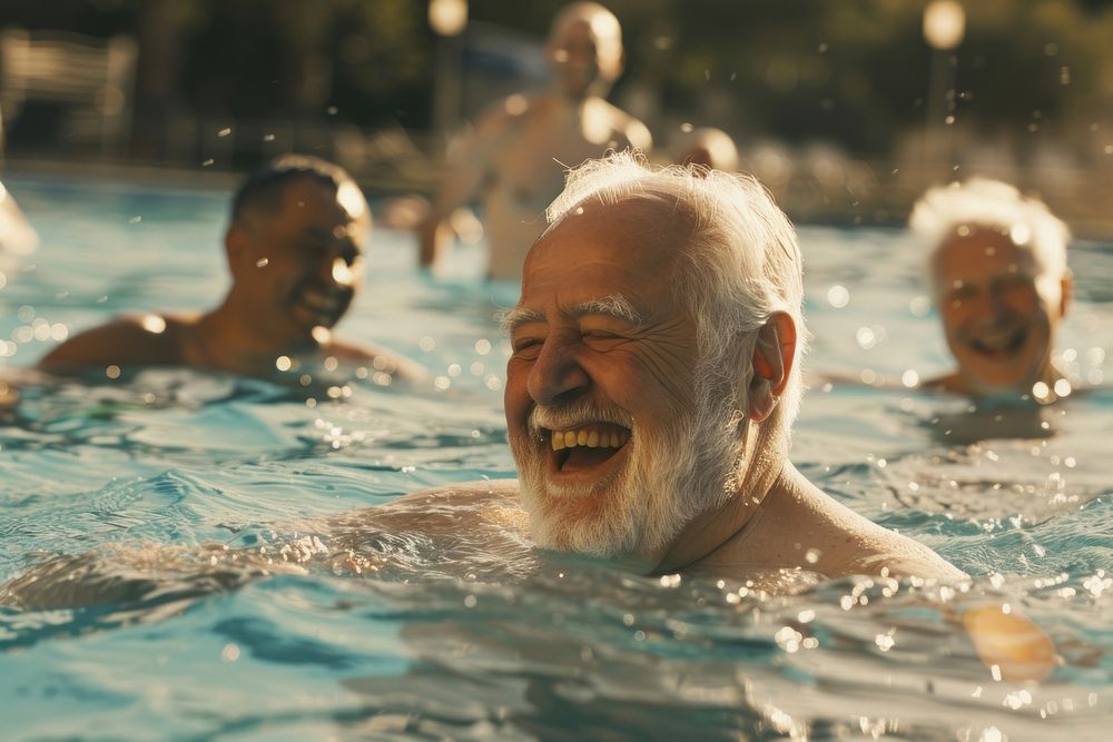 Elderly men laughing and swimming people happy pool.