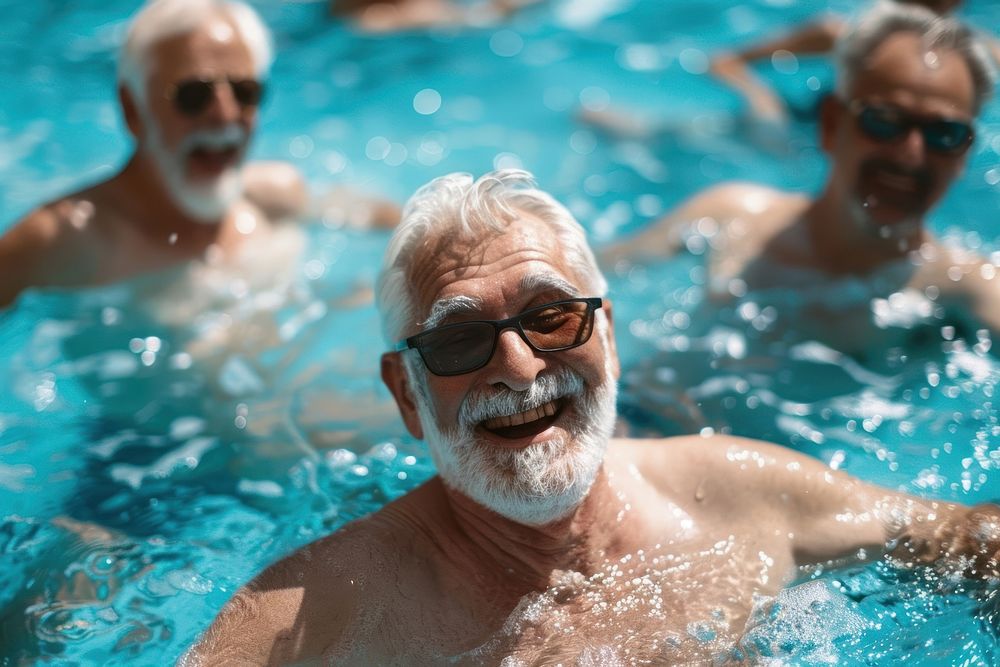 Elderly men laughing and swimming people happy pool.