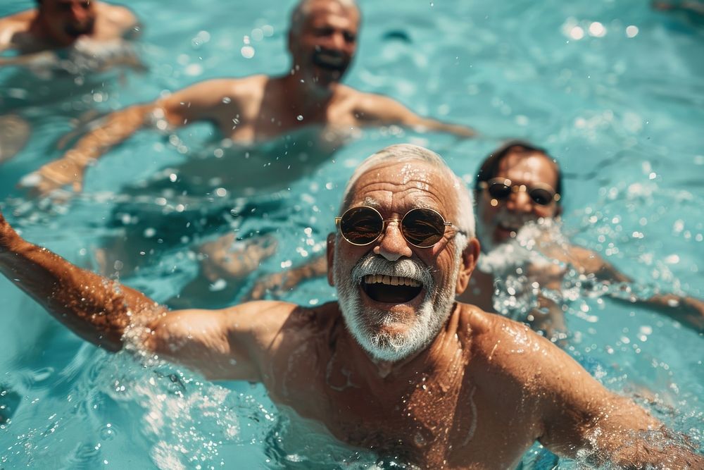 Elderly men laughing and swimming happy accessories recreation.