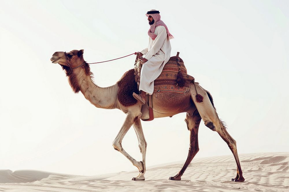 Middle east male Traveler riding camel person animal mammal.