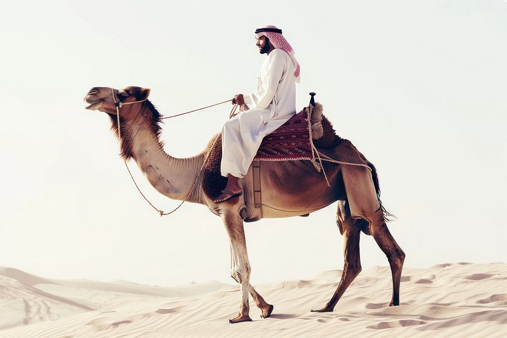 Middle east male Traveler riding camel person animal mammal.