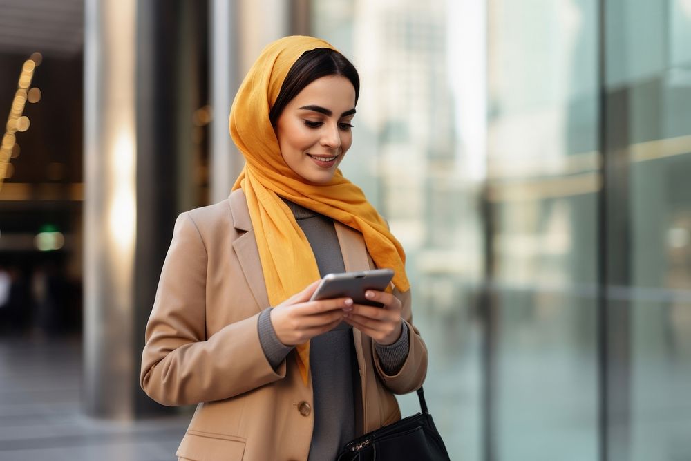 Happy middle east woman holding a visa while he uses a mobile app accessories executive accessory.