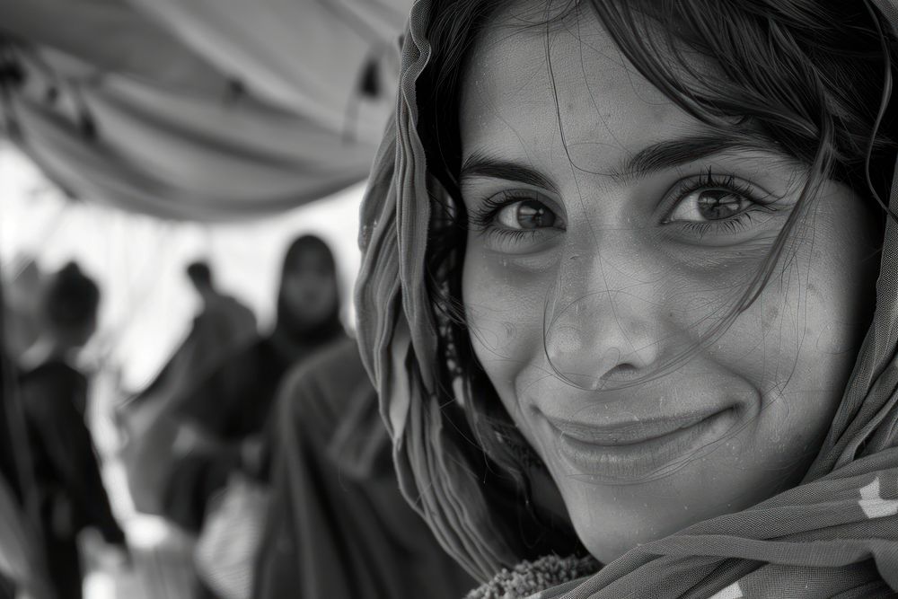 Happy refugee waiting on line photography portrait clothing.