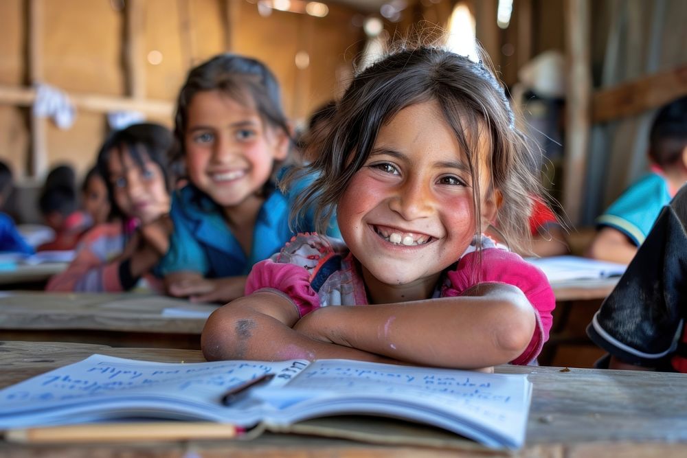 Happy refugee children studying in classroom at refugee camp architecture building student.