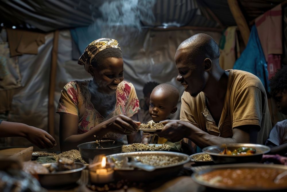 Happy refugee family having dinner together people person female.