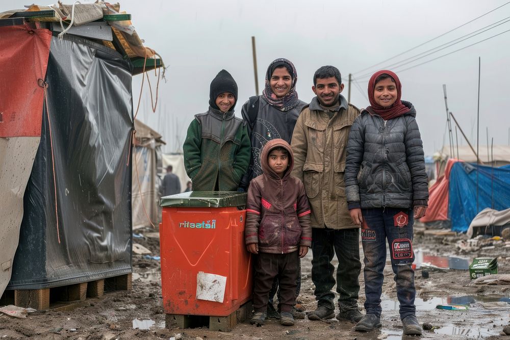 Happy refugees standing in front of rescue box sweatshirt letterbox clothing.