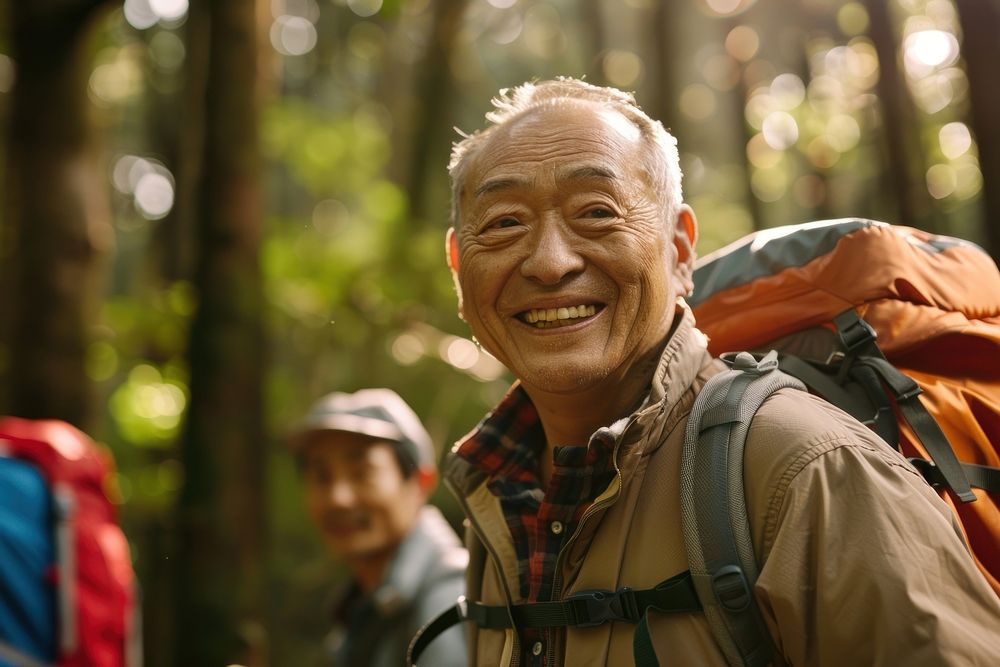 Smiling asian senior man hiking with friends backpacking recreation adventure.