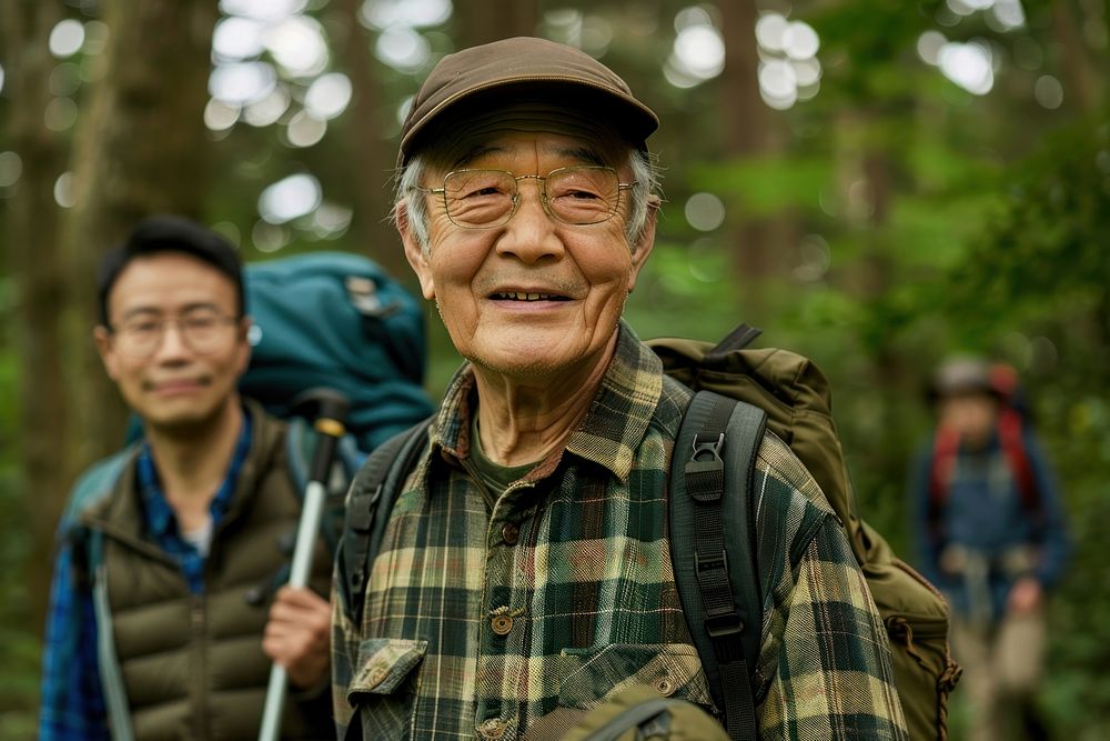 Smiling asian senior man hiking with friends photo accessories photography.