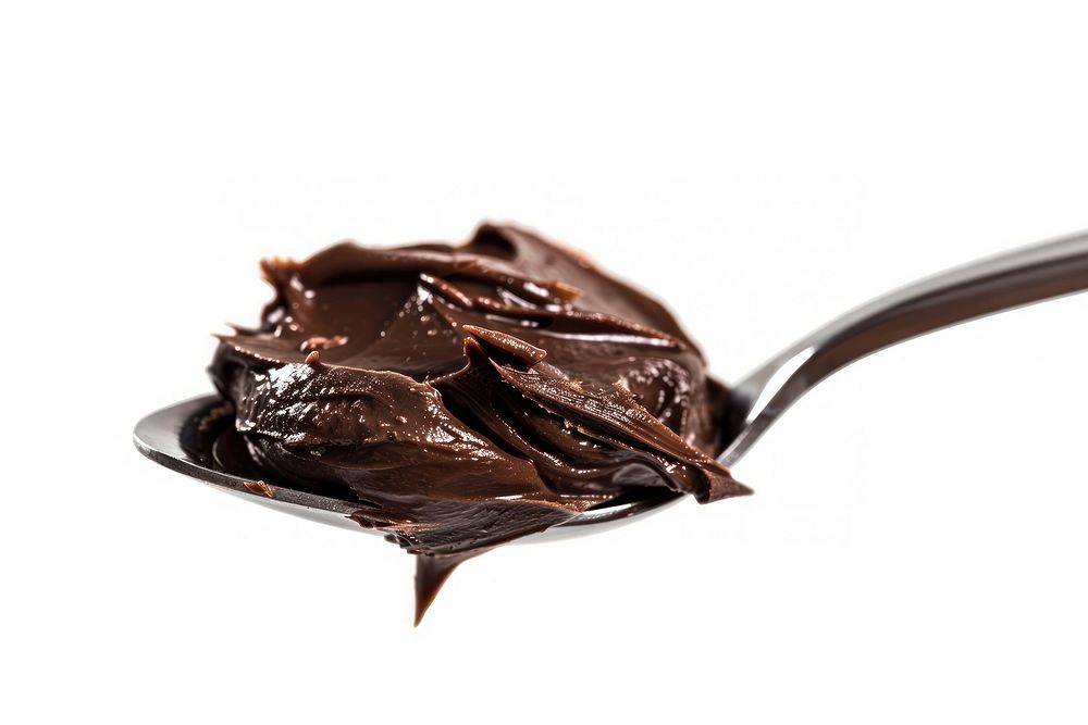 Chocolate spread on spoon appliance cutlery dessert.