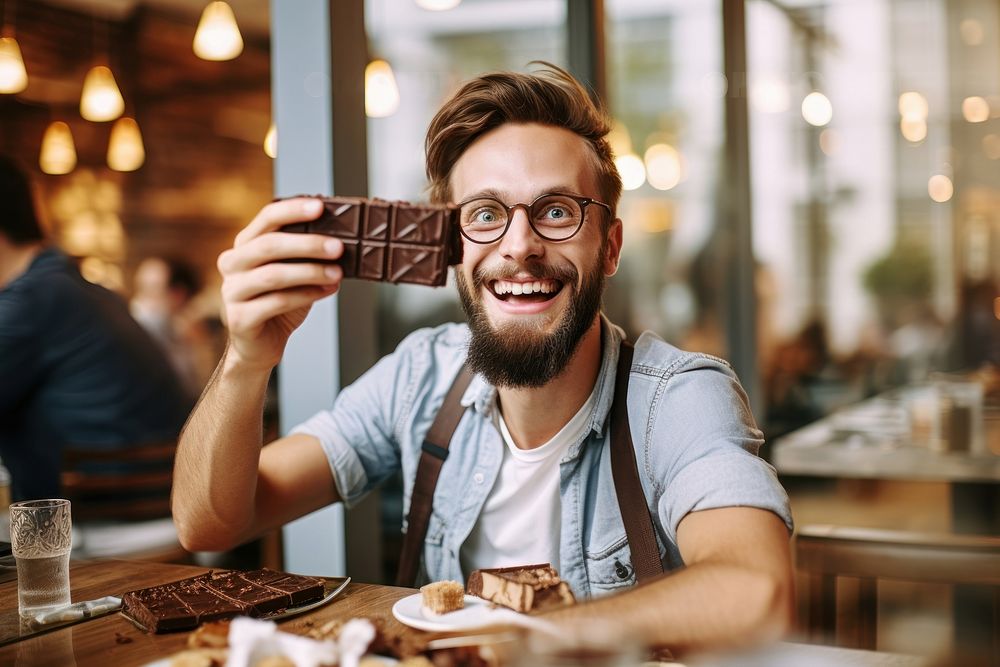 Eating chocolate bar selfie man accessories.