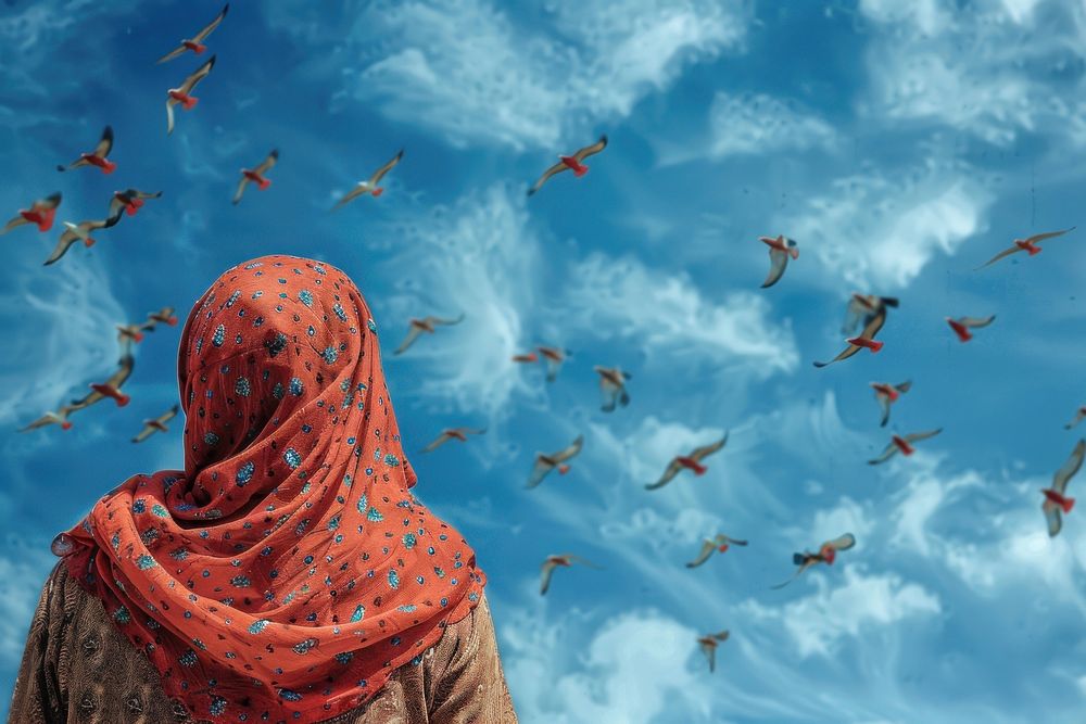 Refugee woman in the back flying photo bird.