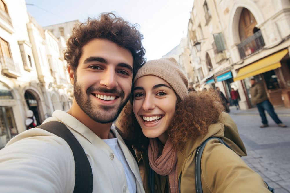 Happy middle east couple tourist taking selfie happy photo photography.