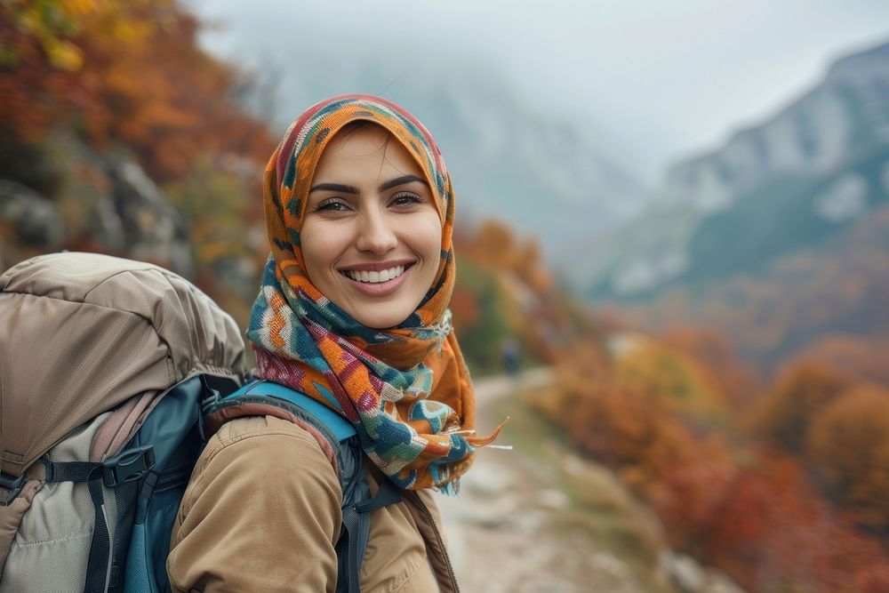 Middle east woman backpack happy smile.