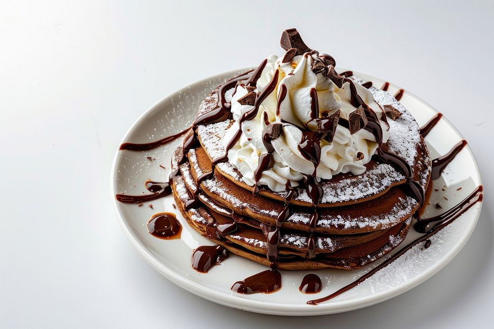 Whipped cream on chocolate pancake plate confectionery dessert.