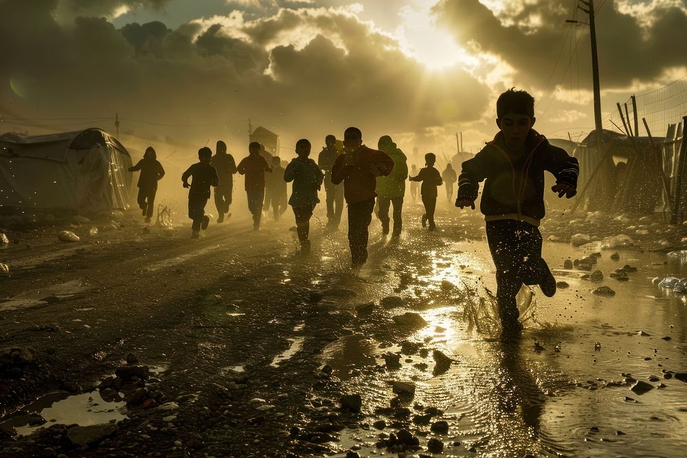 Refugees running to at refugee camp accessories accessory clothing.