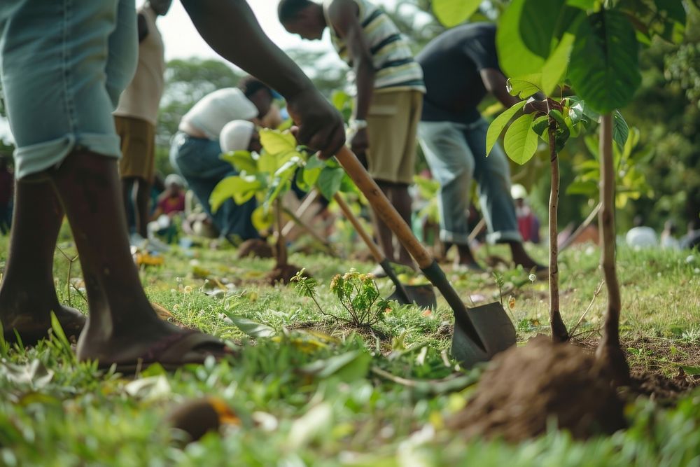 African people planting trees shovel gardening outdoors.
