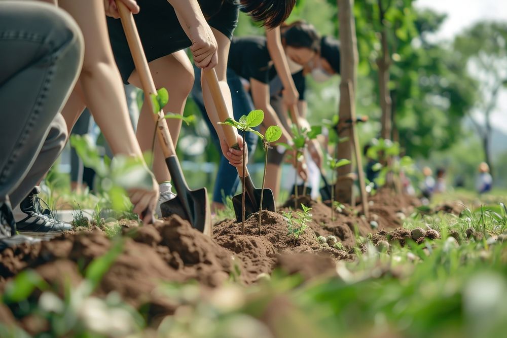 Asian people planting trees shovel gardening outdoors.