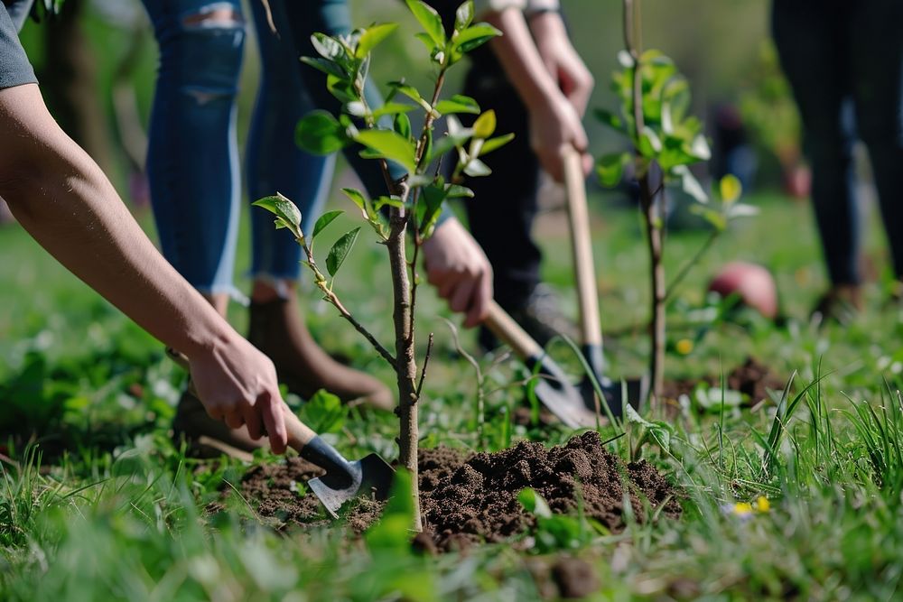 Diverse people planting trees shovel gardening outdoors.