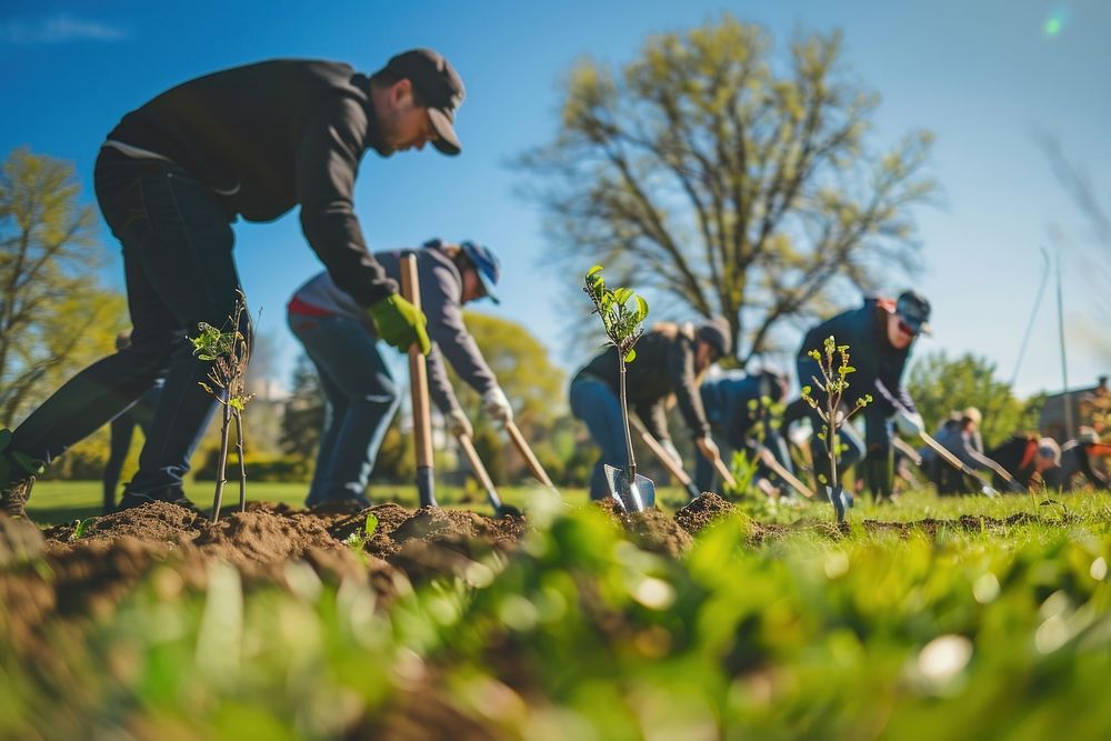 Diverse people planting trees shovel gardening outdoors.