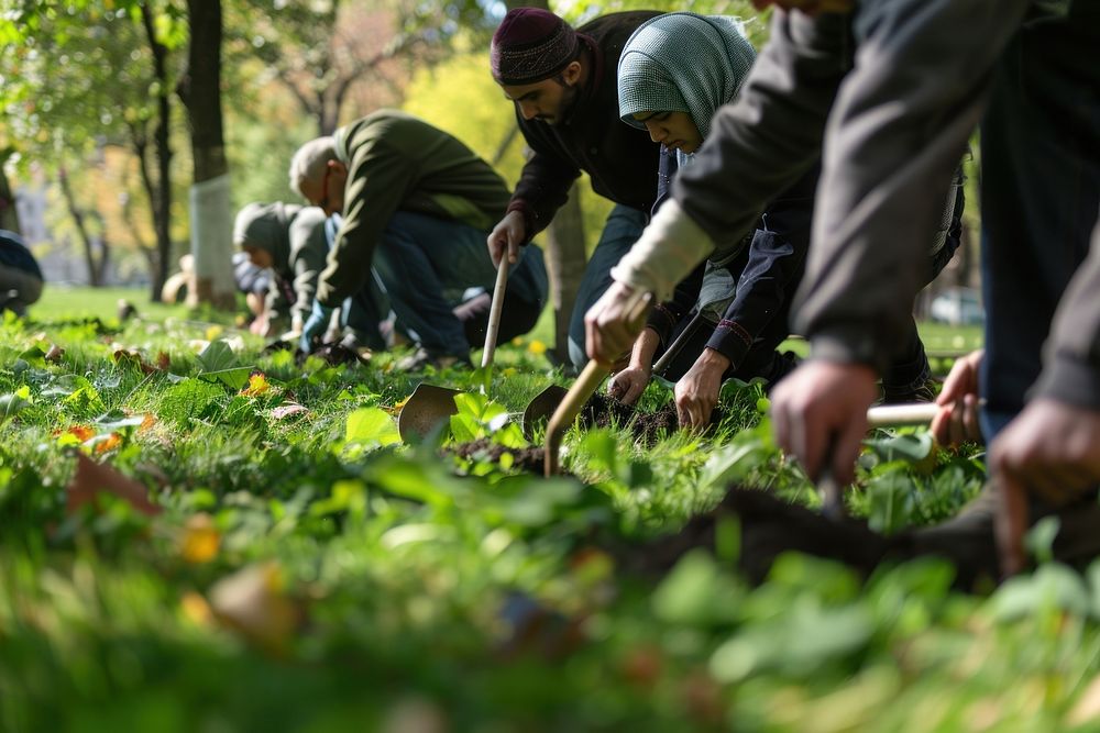 Muslim people planting trees shovel accessories gardening.