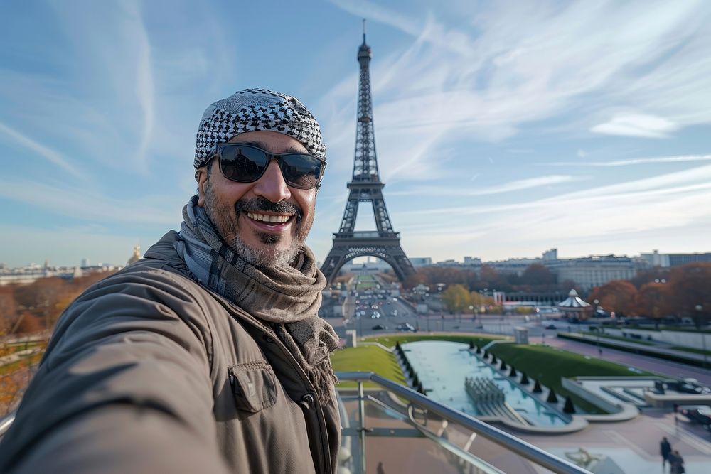 Happy middle east man tourist smiling tower transportation architecture.