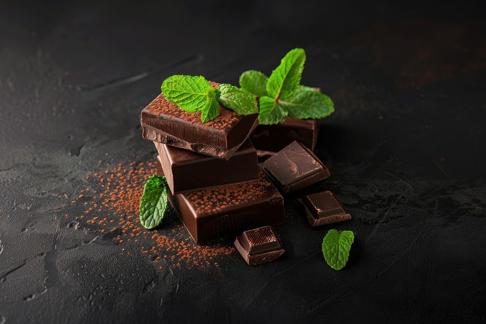 Chocolate blocks with mint leaves dessert mousse cream.