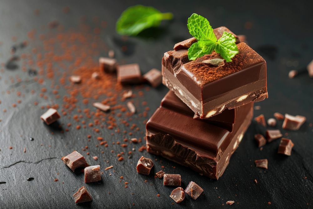 Chocolate blocks with mint leaves dessert mousse person.