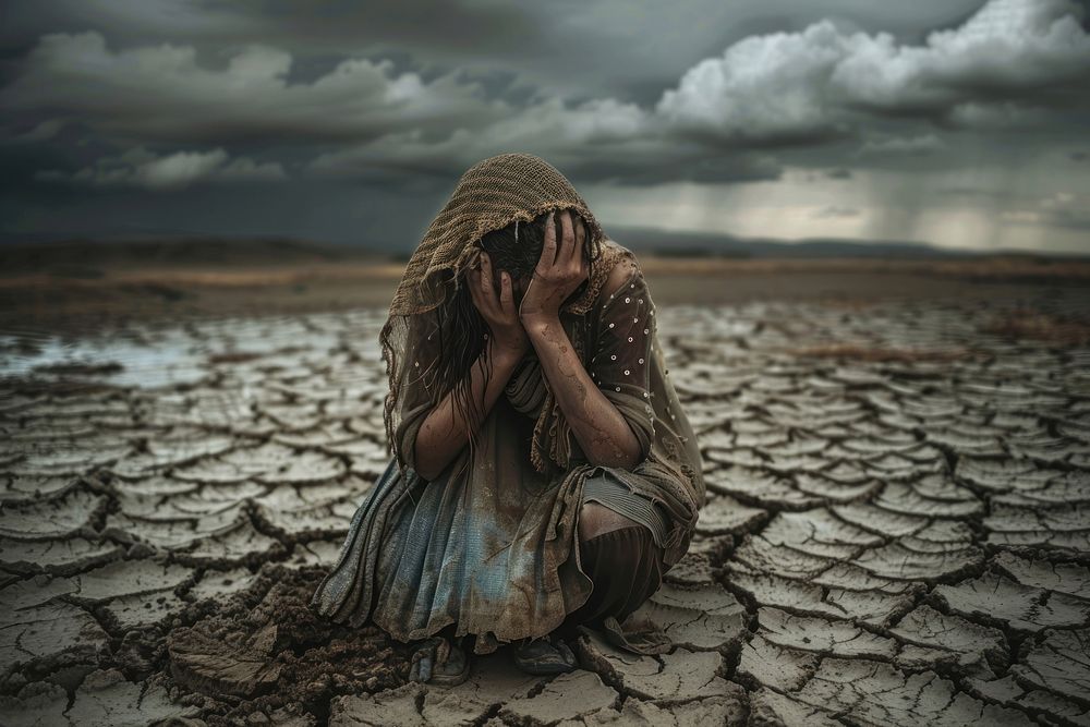Famine and drought worried person female.