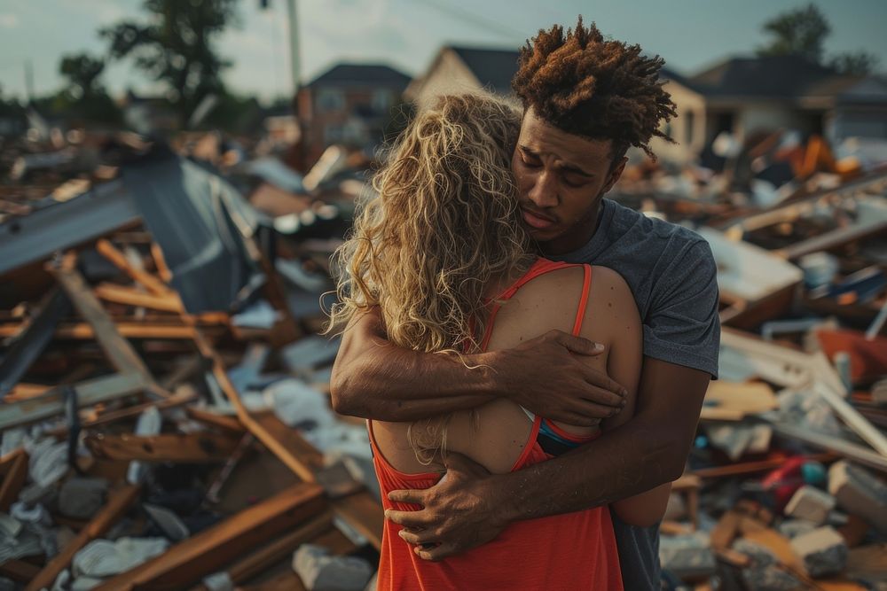 Together in tornado relief hugging person human.