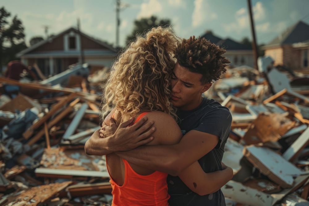 Together in tornado relief hugging person animal.
