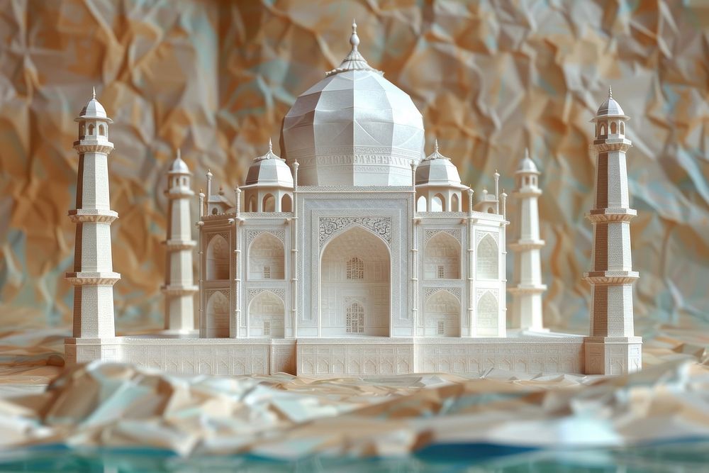 Taj mahal in style of crumpled architecture lighthouse building.