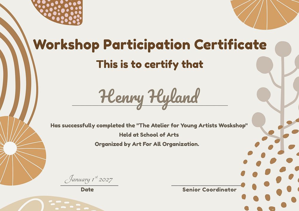 Editable art workshop certificate template, aesthetic brown design