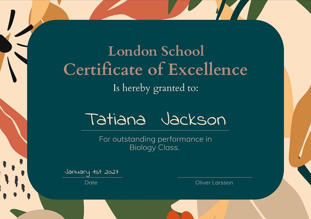 Editable school certificate template, botanical design