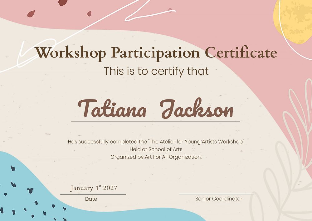 Customizable workshop certificate template, memphis design