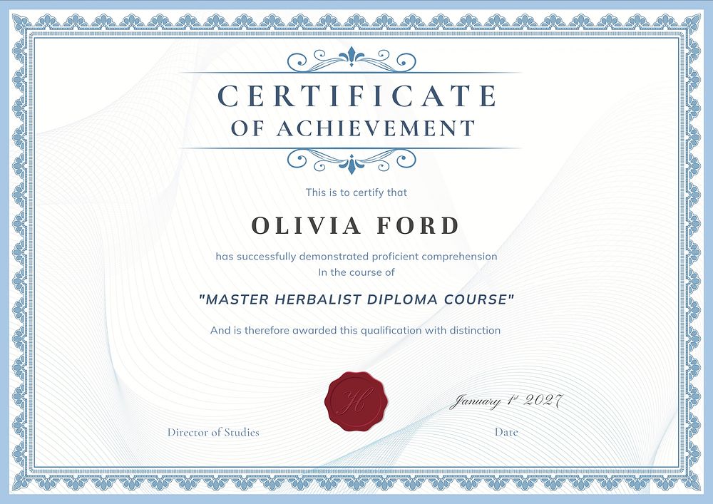 Customizable formal certificate template, blue design
