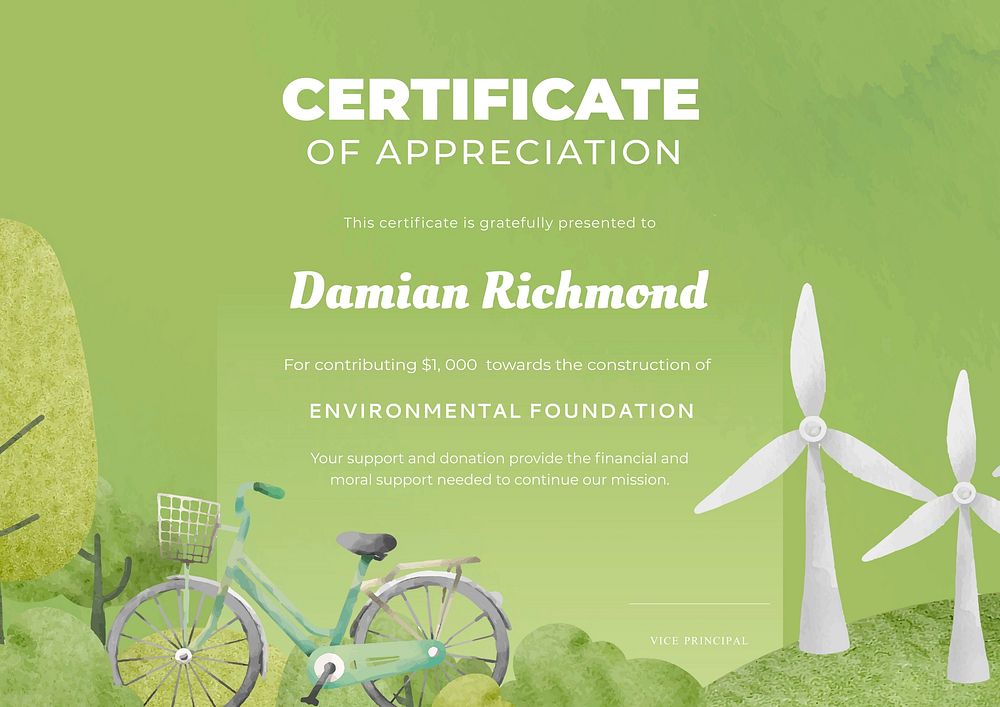 Customizable environmental certificate template, green design