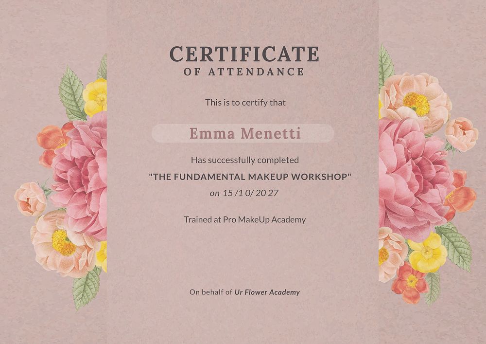 Customizable beauty workshop certificate template, floral design