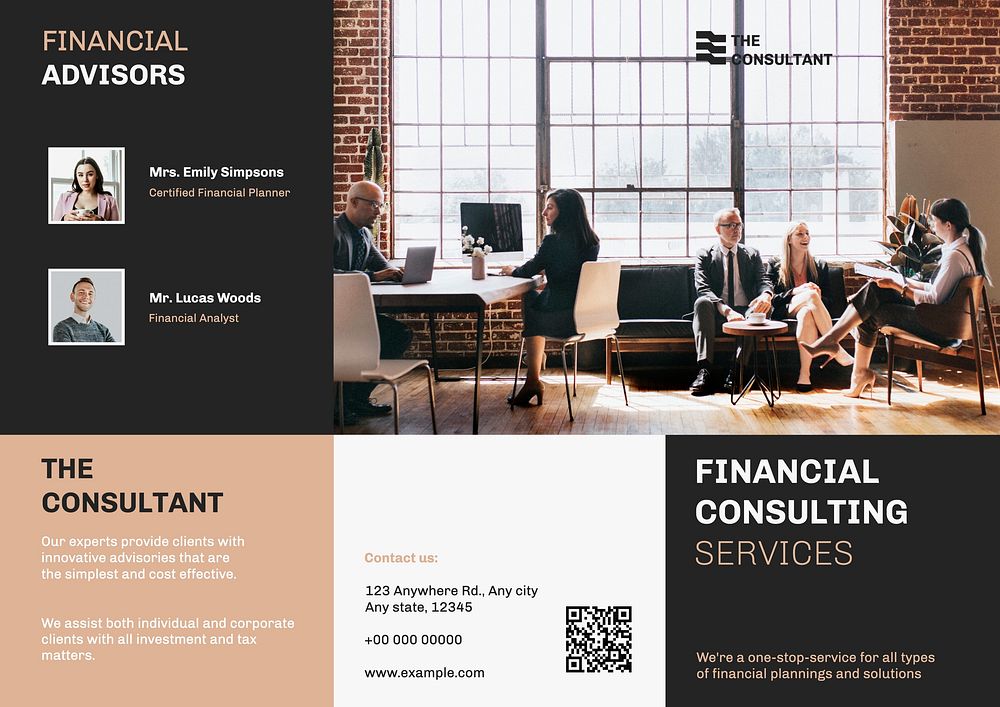 Financial advisor brochure template, business consulting service, beige design