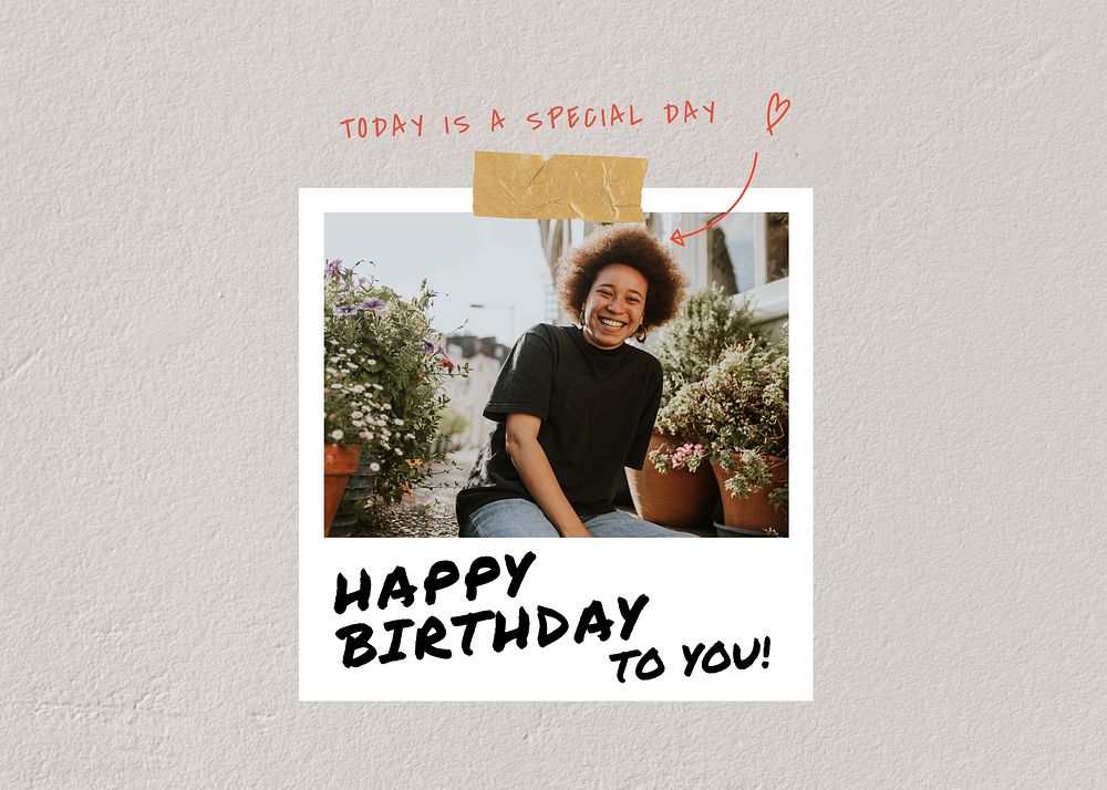 Happy Birthday greeting card template, instant photo film frame