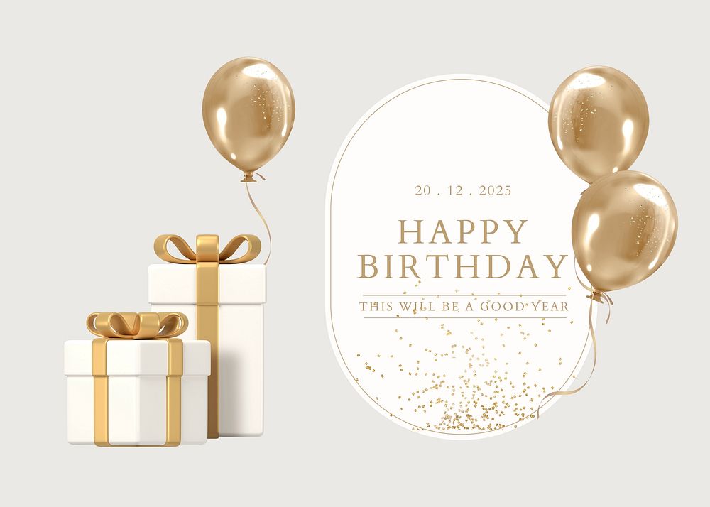 Gold birthday greeting card template, 3D rendering aesthetic