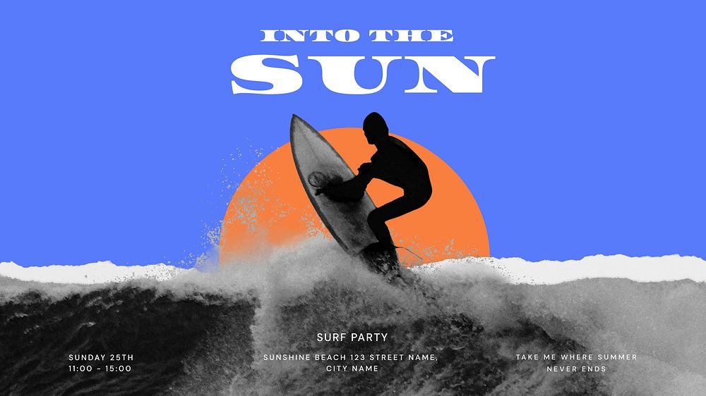 Surfing aesthetic PowerPoint editable template, sunset remix